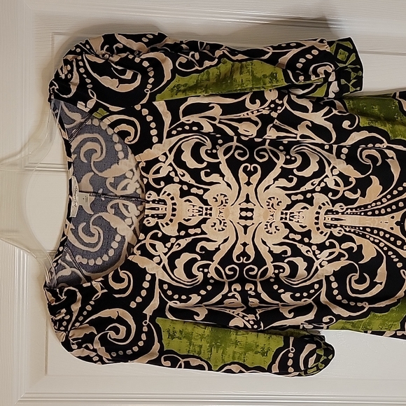 Dress Barn Gathered Sleeve Dress Shift 8 Black Tan Green - Picture 6 of 8